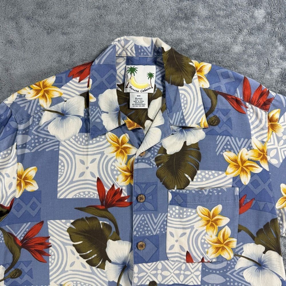 Banana‎ Cabana 100% Silk Hawaiian Tropical Vacation Shirt Palm Tree Floral